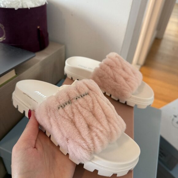 NWT Miu Miu Slip-on Sandals Pink Shearling Platform Open Toe Sz 34 - Picture 5 of 9